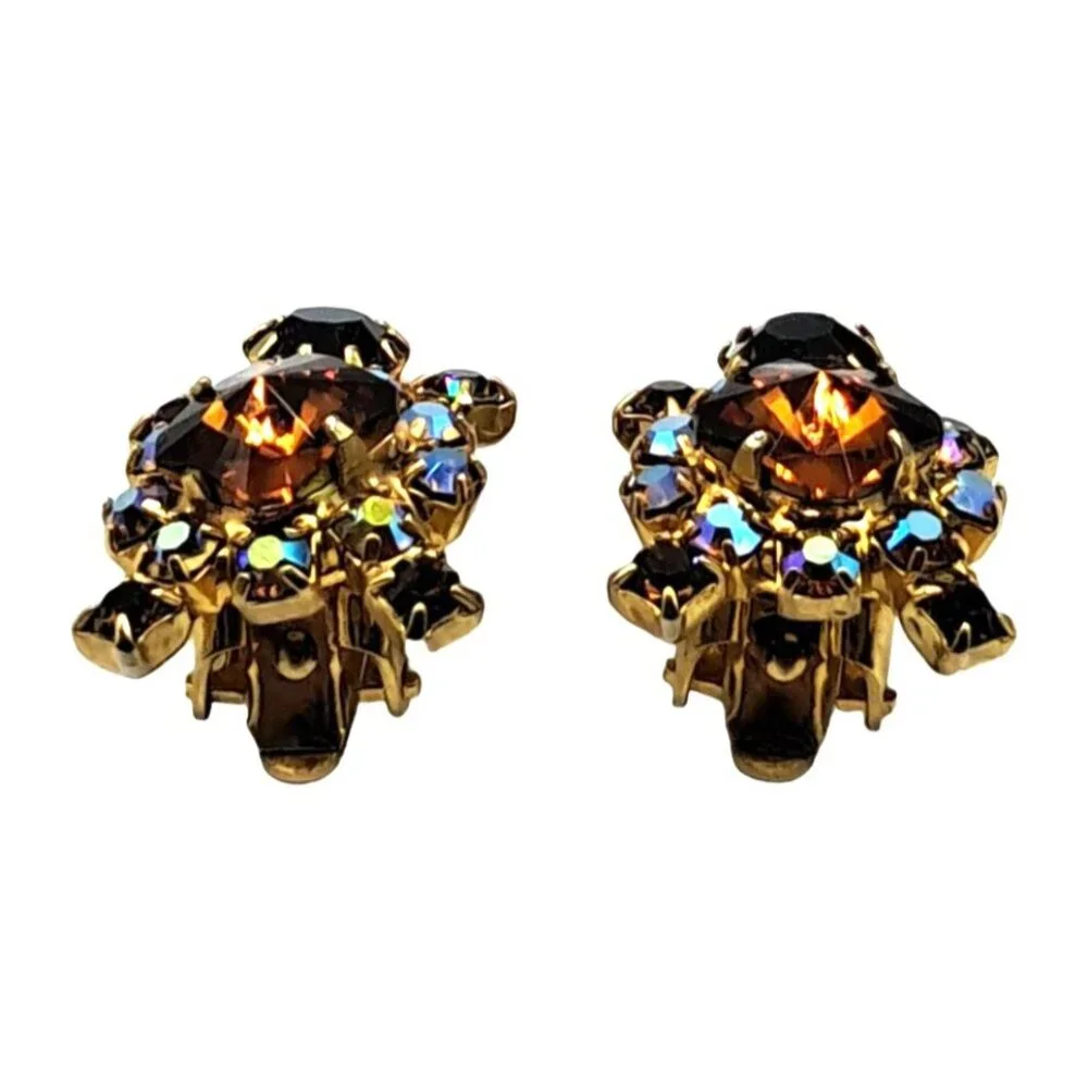 Vintage Rivoli Rhinestone Earrings Aurora Borealis Brown Clip Ons Costume Jewelr - Picture 7 of 11